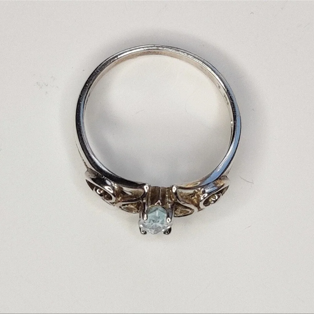 Sterling Silver 925 Blue Oval Topaz December Birthstone Ring Double Heart Size 7